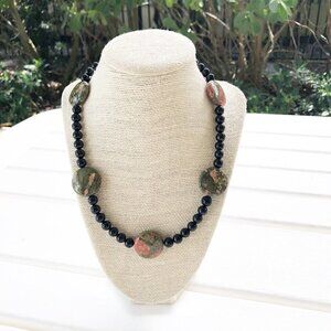 NWT Genuine Jasper & Black Onyx Beads Beaded Necklace Green Black